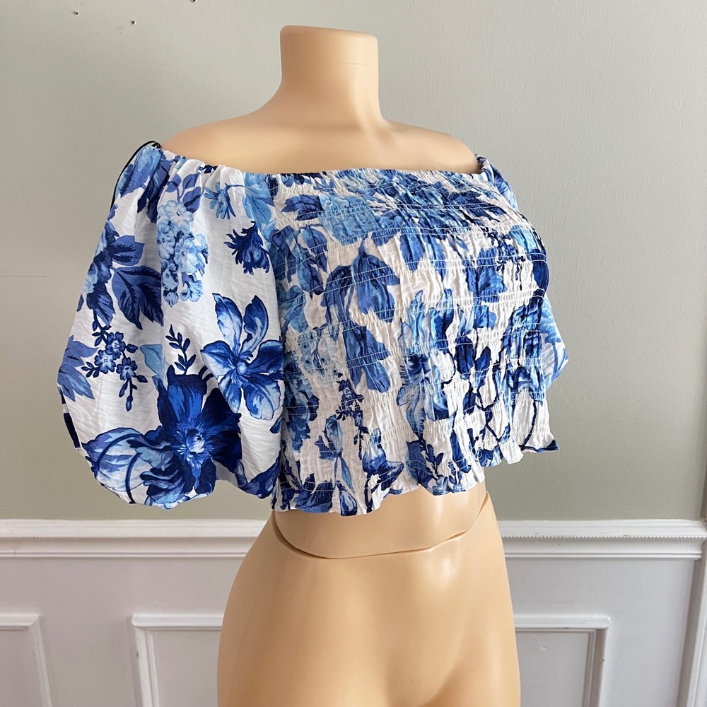 Boho Crop Top Medium Floral Off Shoulder Puff Sleeve Smocked Cottagecore Fairy